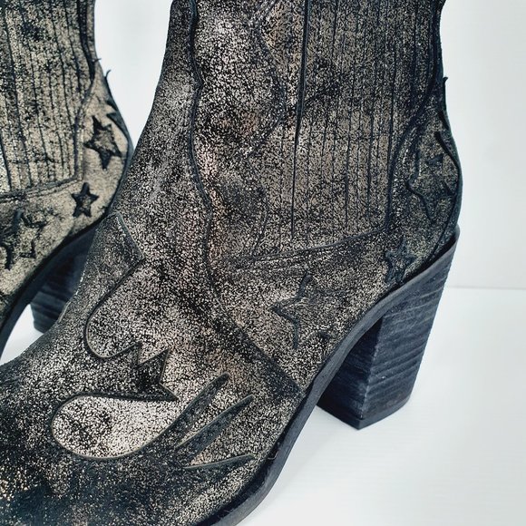 Wittner Wasson Suede Cowboy Boot Black Gold Sparkle Star Block Heel Size 37 - Picture 4 of 13